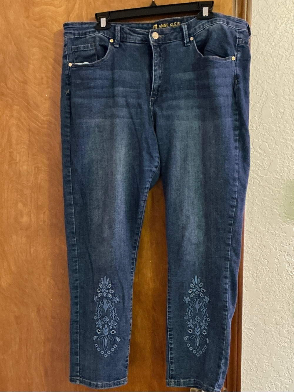 Anne Klein Women's Dark Blue Skinny Jeans with Embroidered Ankles